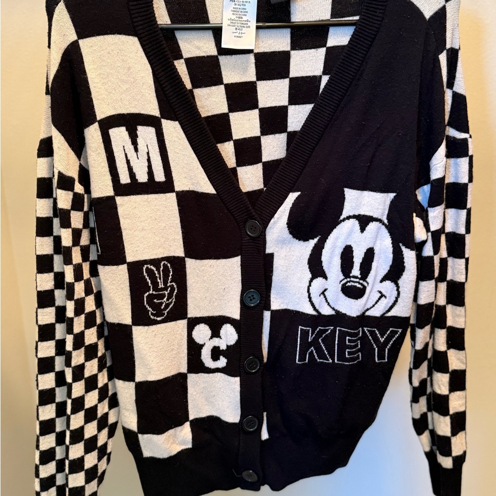 Disney Black and White Mickey Mouse Checkered Sweater - Size Medium